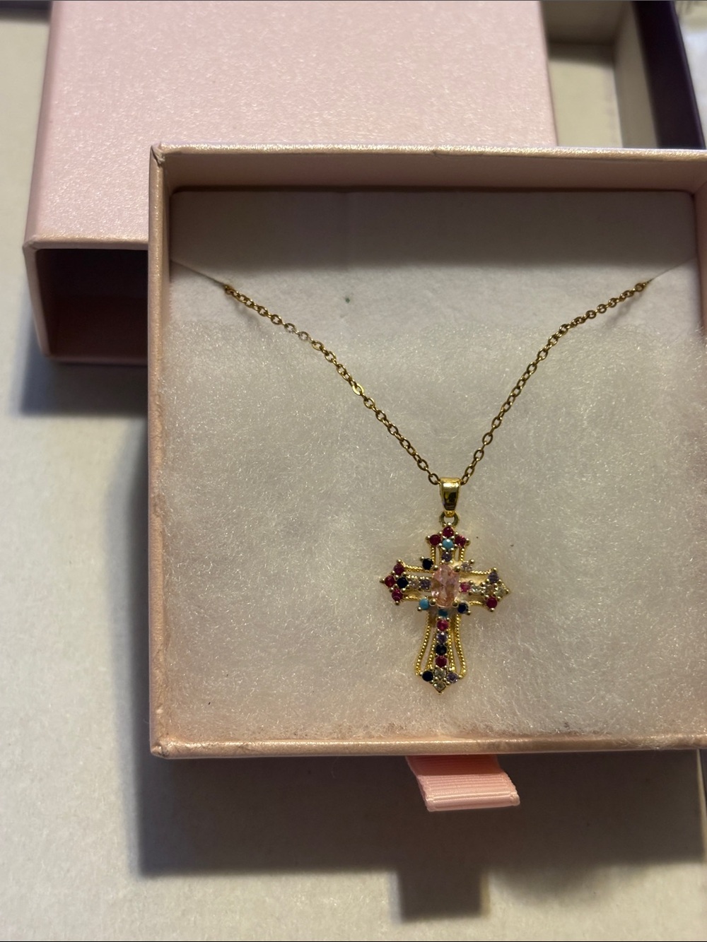 Gold Cross Pendant Necklace with Multicolor Gem Accents